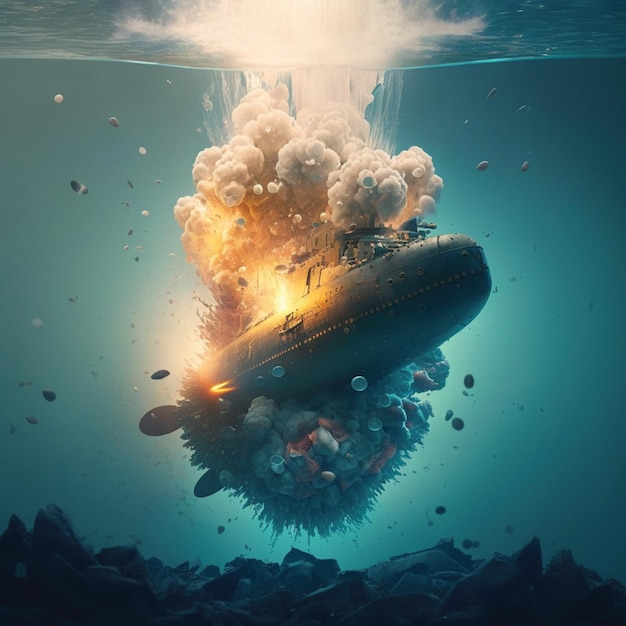 깊이 있는 폭발적인 수중 장면 잠수함