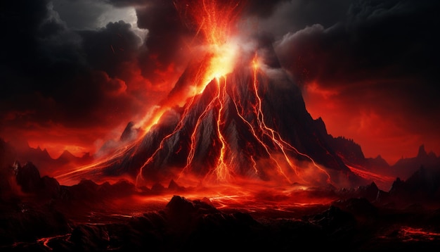 ネオンライトで照らされた爆発的な火山は暗い未来的な3Dレンダー自然シーンで燃える溶岩です