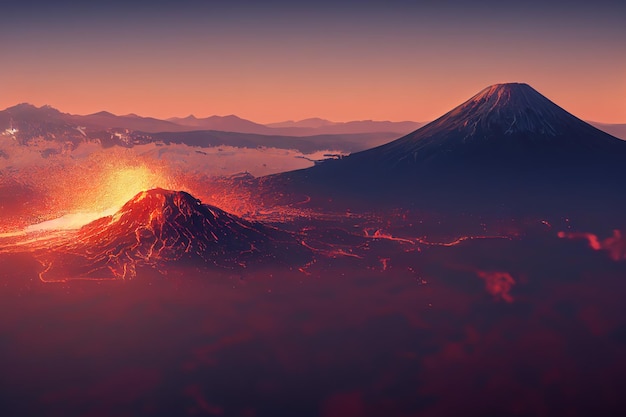 Explosive volcano with burning lava neon light Dark futuristic nature scene 3d render