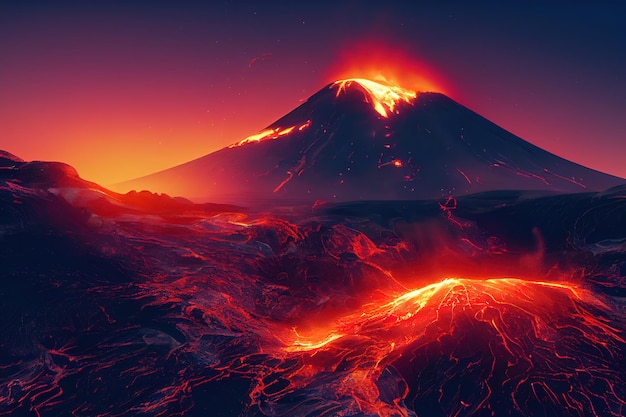 Explosive volcano with burning lava neon light Dark futuristic nature scene 3d render