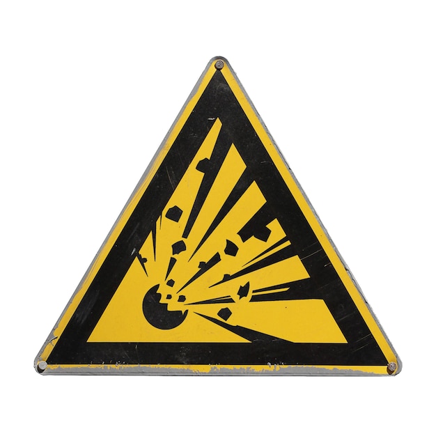 Фото Предупреждение о взрывчатых веществах желтый треугольник знак для коллажа на белом фоне