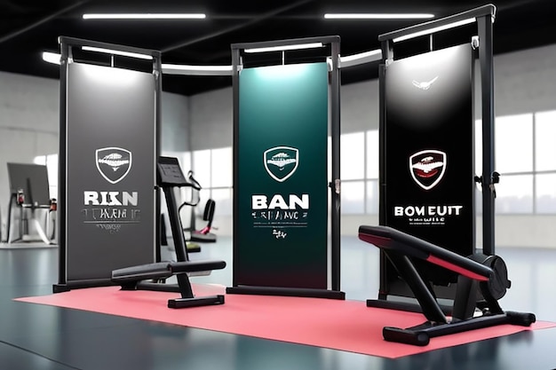 Foto expo fitness branding display plaats het logo op workoutapparatuur, kleding en banners voor evenementen