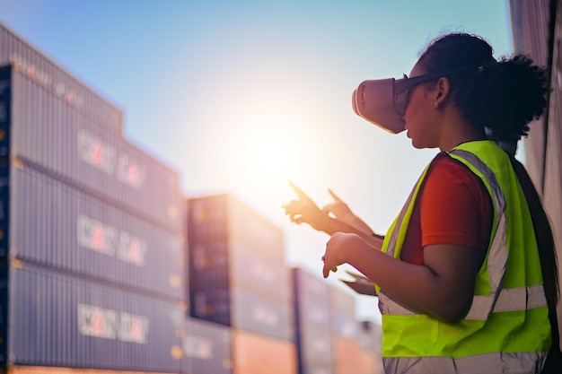 Export management team is inspecting the containers to manage
the export of goods to foreign countries lager cargo shipment