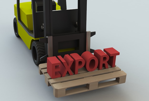 EXPORT, message on wooden pillet with forklift truck, 3D rendering