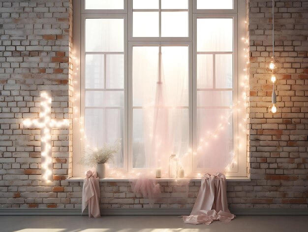 Photo exposed brick wall with ethereal light rays with crystal hol trending background calm illustration