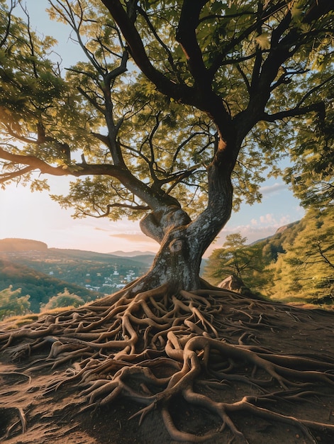 Photo exposed roots of a tree resting on a hillside