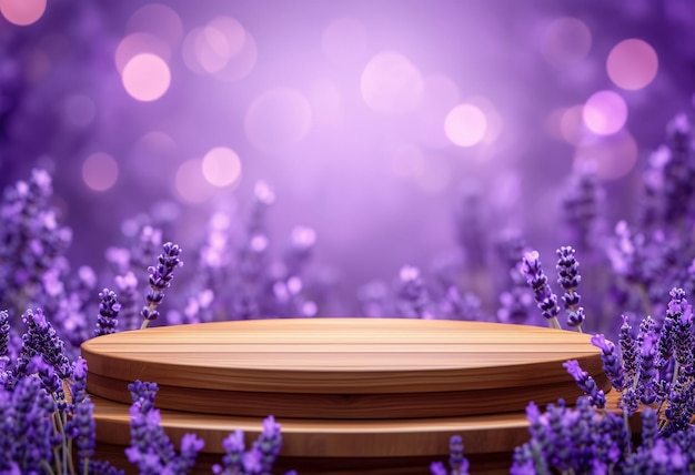 Expositie voor reclame voor cosmetische producten houten podium op bloem lavendelkleurige achtergrond