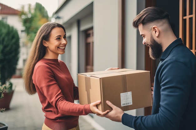 Express delivery of orders from the online store by courier The courier hands over the box with the parcel to the customer