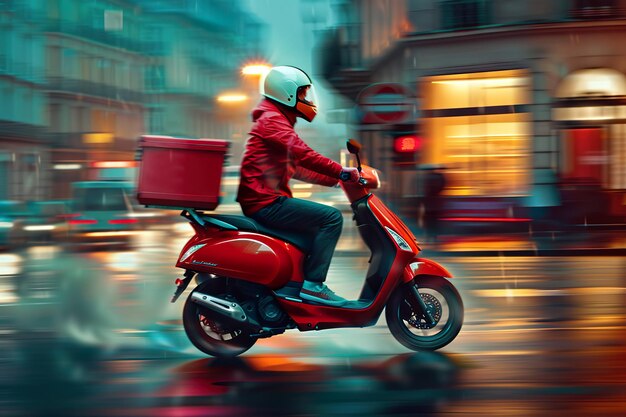 Foto delivery express scooter corriere che va veloce nella notte piovosa