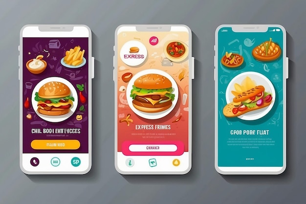 Foto express food delivery cartoon smartphone interface sjablonen set premium vector