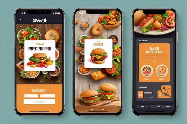 Foto express food delivery cartoon smartphone interface sjablonen set premium vector
