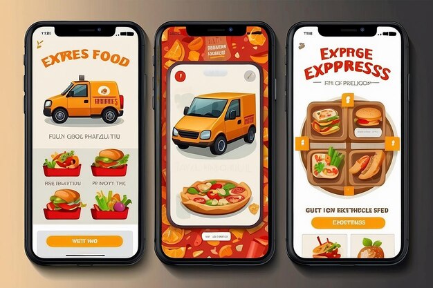 Photo express food delivery cartoon smartphone interface templates set premium vector