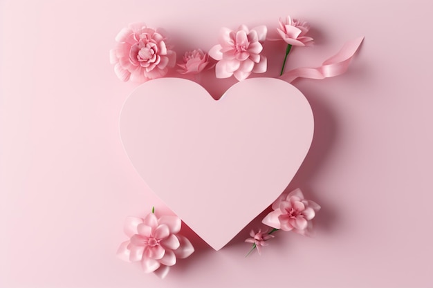 ハートとピンクの花をあしらった紙カードで愛情を表現しましょう