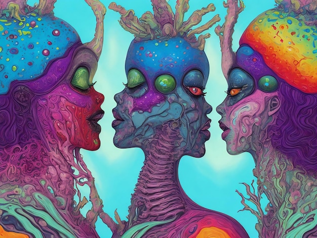 Expressief schilderij van Francesca Sundsten van twee bizarre psychedelische vrouwelijke wezens die elkaar kussen
