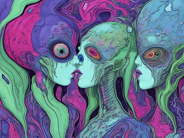 Expressief schilderij van Francesca Sundsten van twee bizarre psychedelische vrouwelijke wezens die elkaar kussen