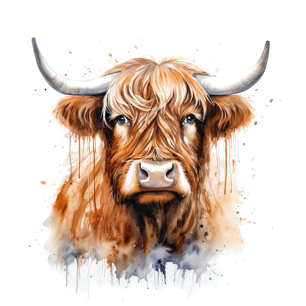 Foto expressieve digitale schilderij van een highland koe verbeterd met dynamische waterverf splashes