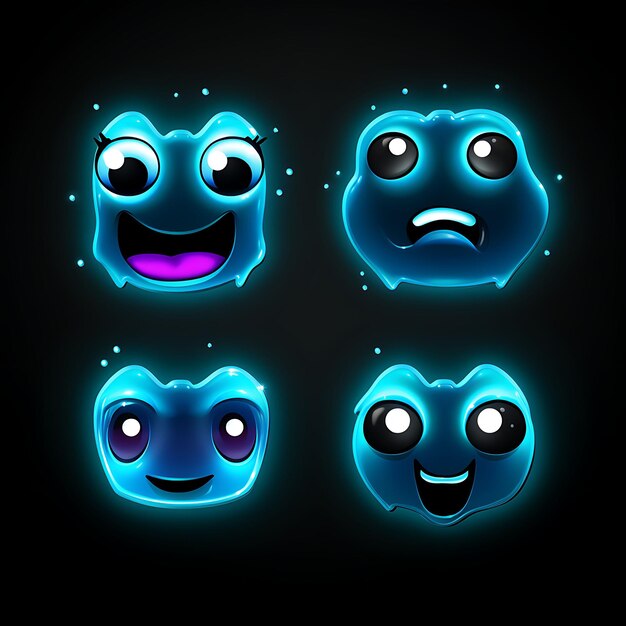 Expressieve Neon Emoji Stickers Diverse emoties en creatieve ontwerpen op zwarte achtergrond Clipart