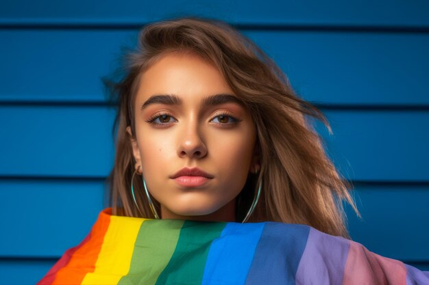 Expressieve trots foto van een persoon met een regenboog vlag Pride maand achtergrond behang