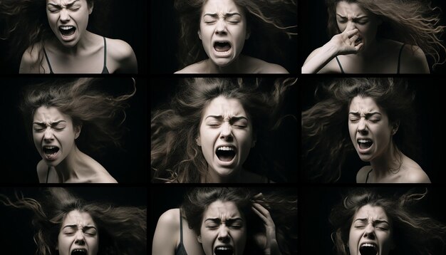 Foto expressieve vrouw ziet portretten van intense emoties in actie