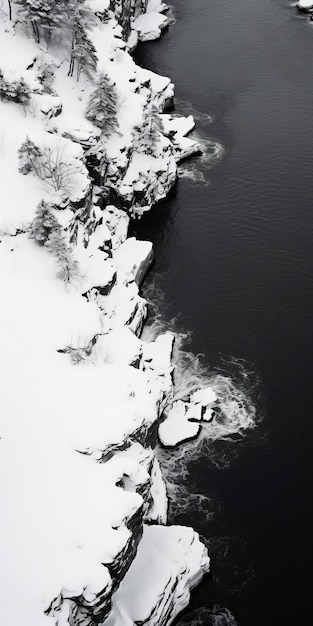 Expressieve zwart-wit luchtfoto van een met sneeuw bedekte rivier