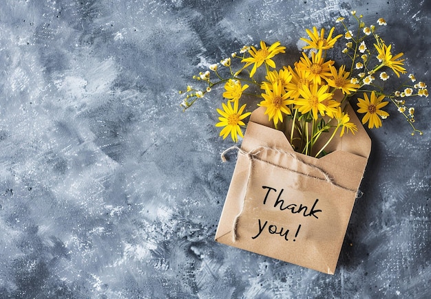 Expressing gratitude to nature a bouquet of bright yellow flowers peeking out from an envelope with the inscription Thank you on a textured background