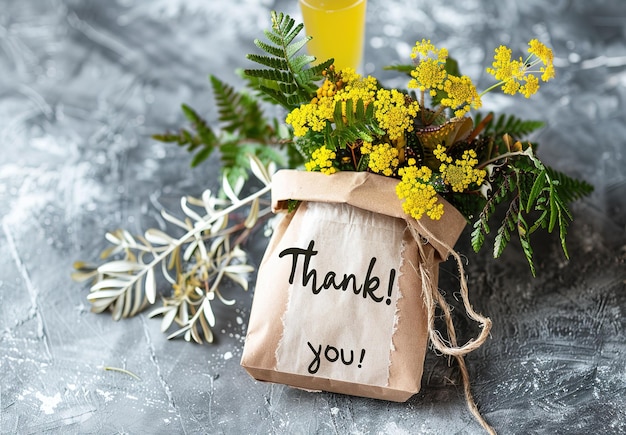 Expressing gratitude to nature a bouquet of bright yellow flowers peeking out from an envelope with the inscription Thank you on a textured background