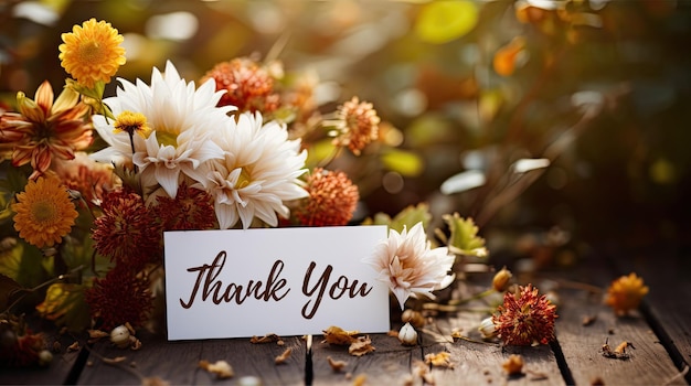 Expressing gratitude thank you card wooden table flowers and subtle shine generative ai