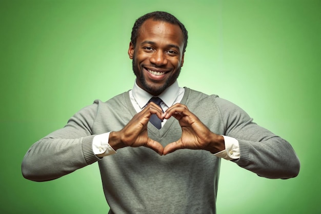 Expression of love African american handsome guy smiling sincerely and making heart shape