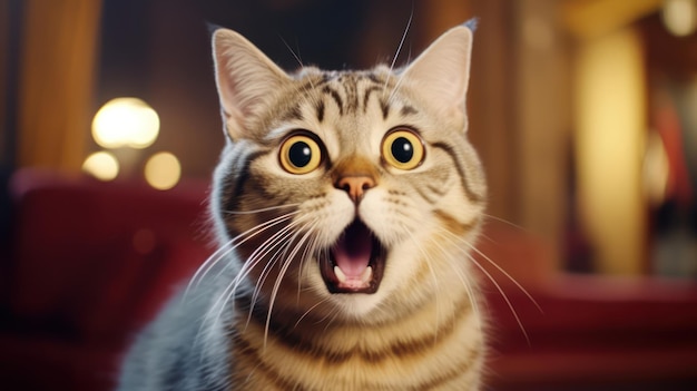 An expression of surprised happiness on the cat's face captivates