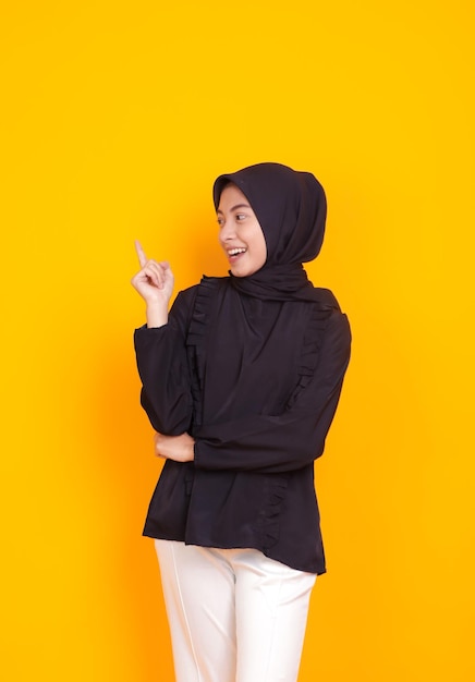 expression of a young woman who came up with an idea on a yellow background