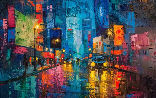 Expressionist depiction of a rainy city street colors melting together