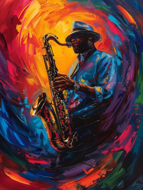 Expressionist painting of a jazz musician colors flowing with the music