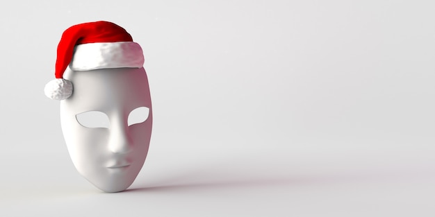 サンタクロースの帽子と無表情の劇場マスク。スペースをコピーします。 3Dイラスト。