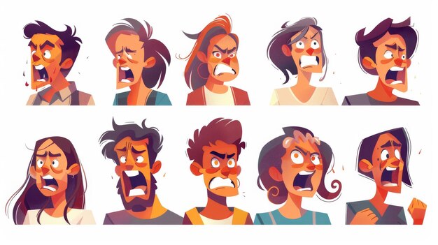 Photo expressions of anger aggression hate and rage mad rude aggressive people screaming and yelling aggression concept flat graphic modern illustration