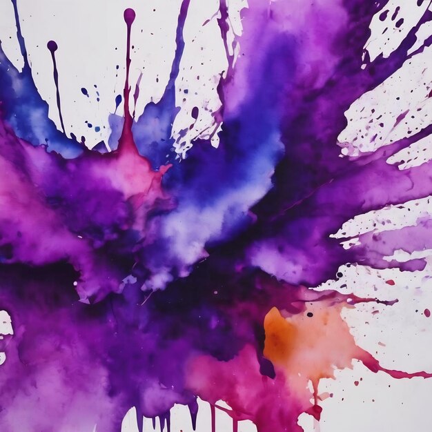 Expressive abstract watercolor stain with splashes of purple color