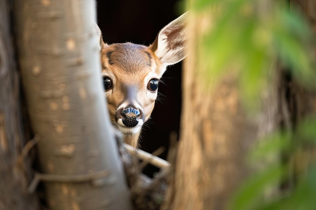 Expressive animals a curious fawn peeking from behind a tree