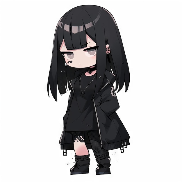 Expressive anime chibi illustration of a sad goth girl Created using Generative AI