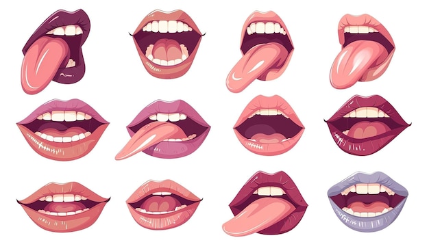 Фото Выразительные мультфильмы с иллюстрациями рта коллекция из восьми различных эмоций, выраженных через художественные выражения рта
