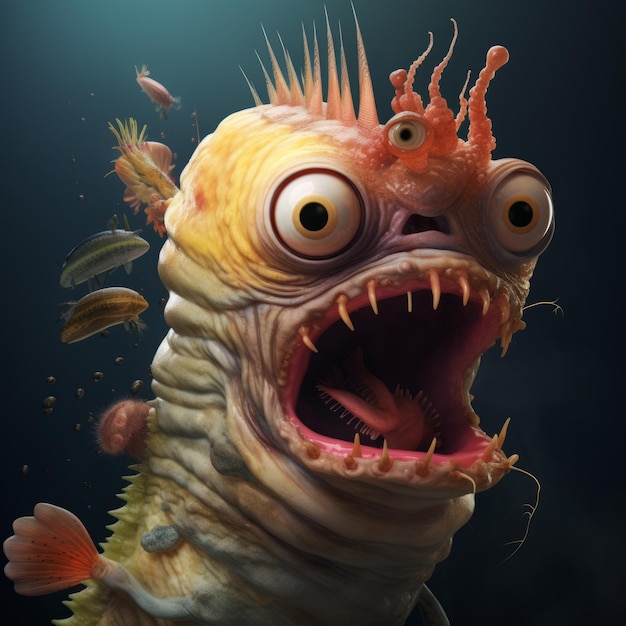 Expressive Caterpillar Holding Fish A Surreal Wildlife Portrait