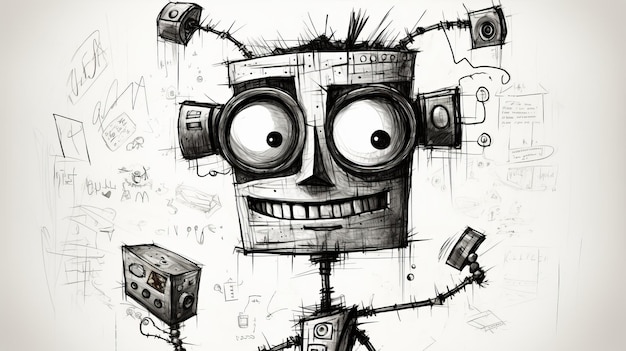 오래된 청소년 로봇 캐릭터의 표현적이고 상세한 그림