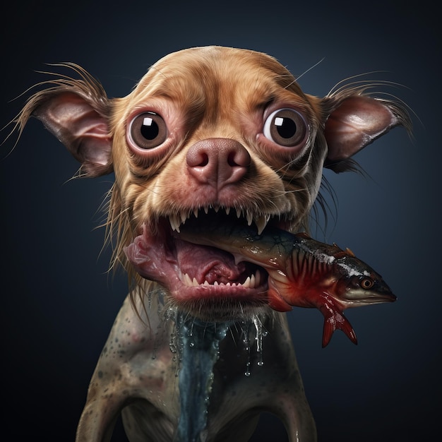 Photo expressive dog holding fish grotesque caricature in the style of stefan gesell