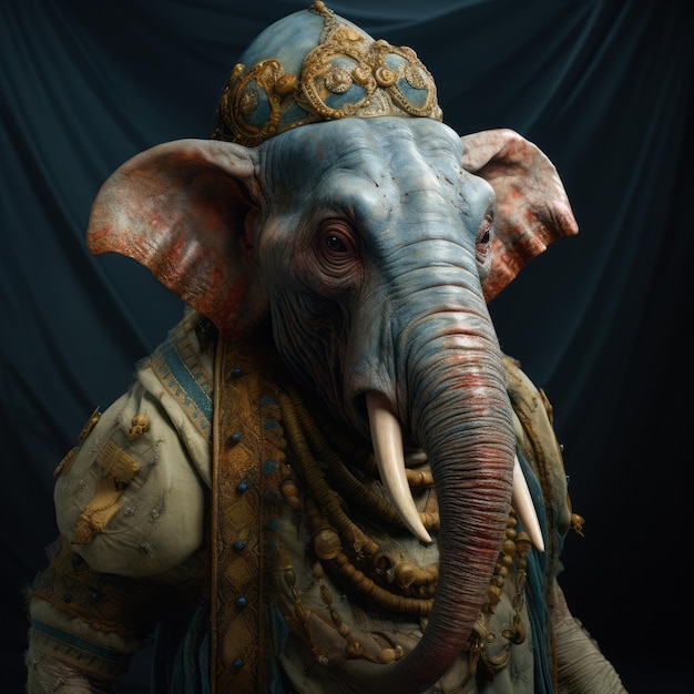 Photo expressive elephant in baroque costume holding a fish