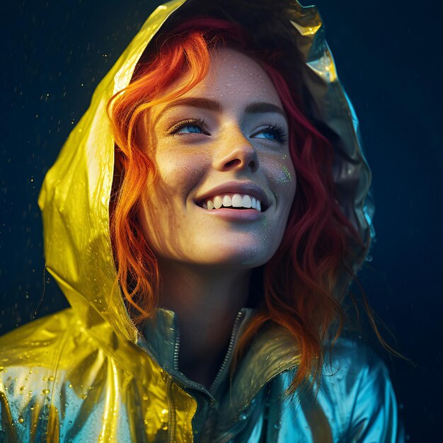 Expressive and excited woman in rain with iridescent yellow coat on blue ai generated