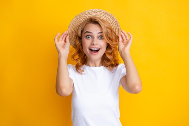 Expressive girl with surprised face smiling caucasian woman wearing straw hat sunglasses enjoying summer