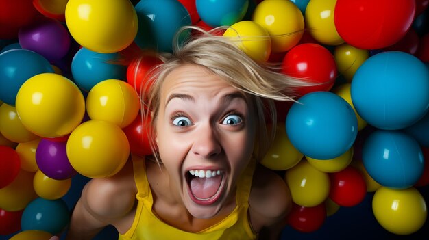 Expressive happy woman in balloons feeling excited and surprised. Amazement people emotion. Generative AI