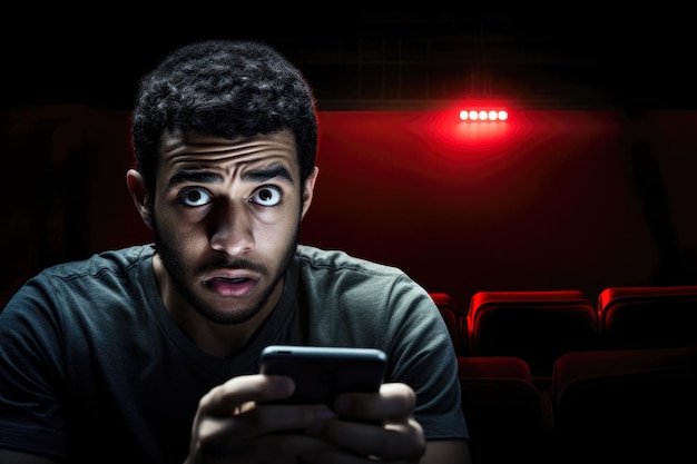 Foto uomo espressivo che guarda un film con entusiasmo sullo smartphone