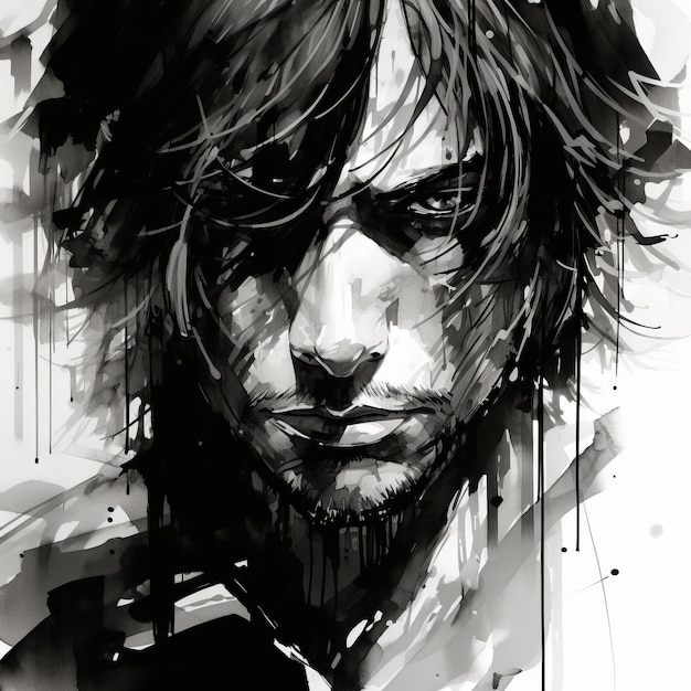 Photo expressive manga style digital painting of john with long hair