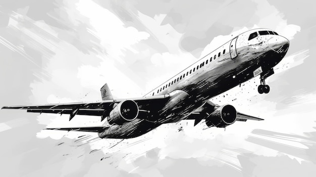 Expressive Manga Style Painting Of An Airplane In Black And White