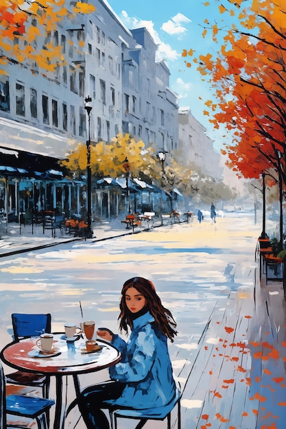 Expressive oil painting of an autumn city street with a girl seating at the table