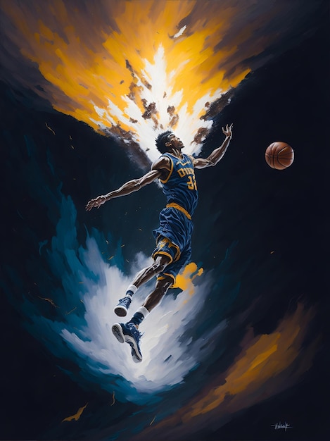 An expressive oil painting of a basketball player dunk